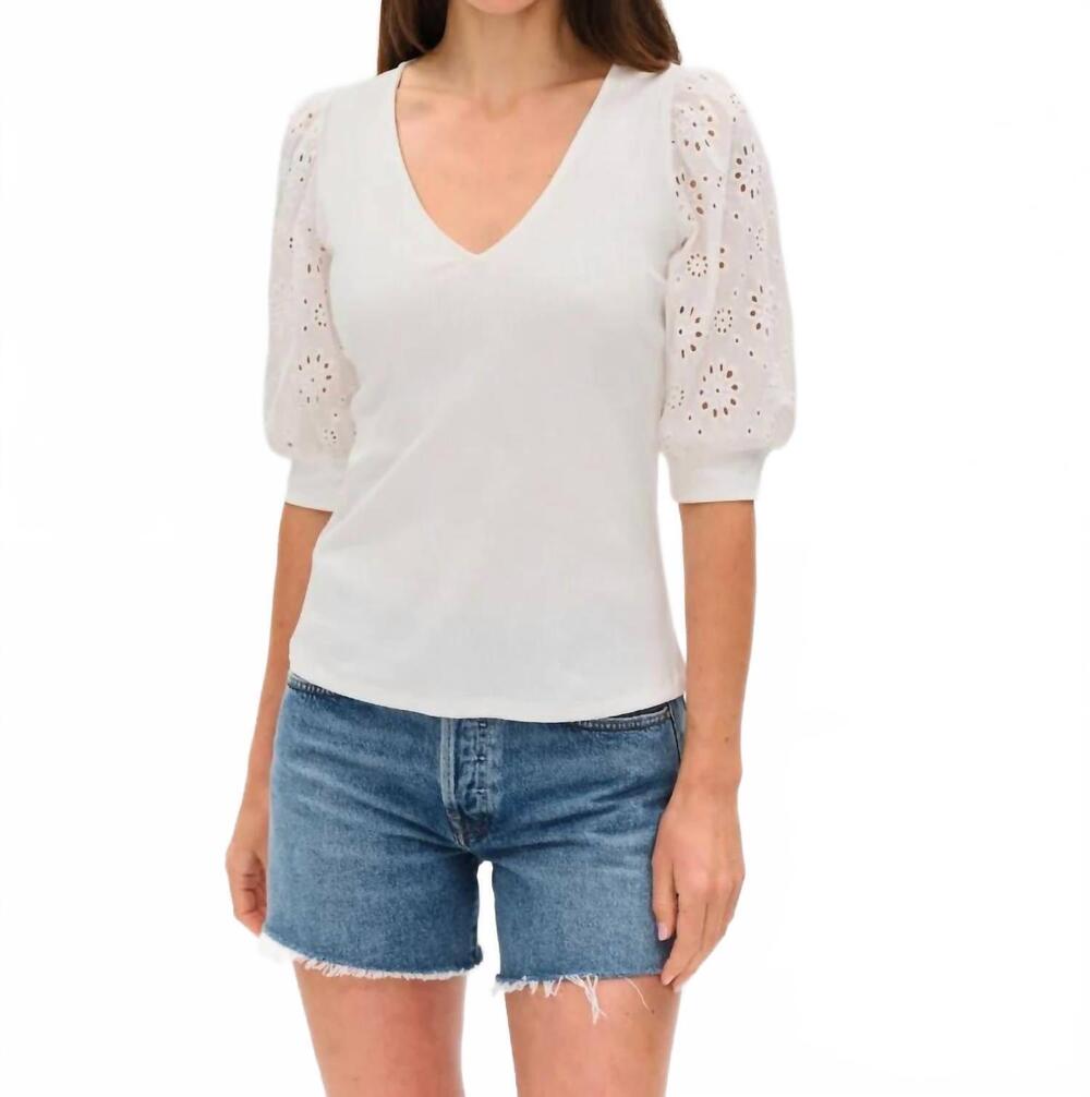 NEW SIX/FIFTY esme ribbed eyelet sleeved v-neck top in white